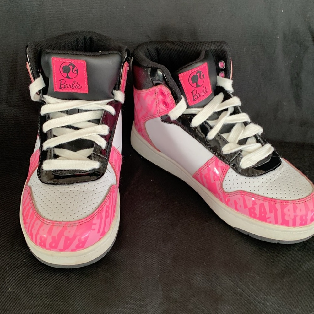 Mattel Barbie Lace Up High Top Sneakers Big Girls Size 2 Shoes Pink White Black